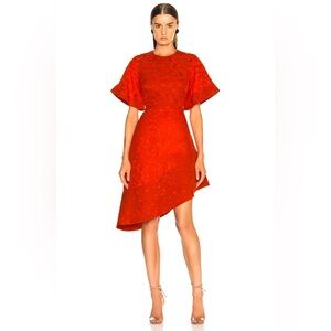 Brandon Maxwell Satin Jacquard Flare Sleeve Dress – Large in “Poppy”